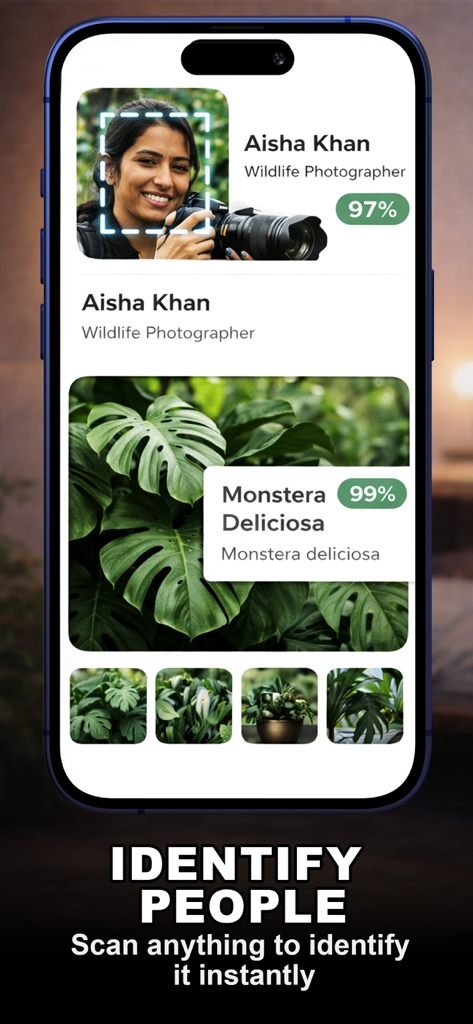 Lens: AI Scan Image & Text - Smartphone displaying Lens AI app identifying a person as a wildlife photographer and a plant as a Monstera Deliciosa
