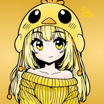 anime girl with chick shaped hat with sweater with bare shoulders with bangs covering them one eye with low tail