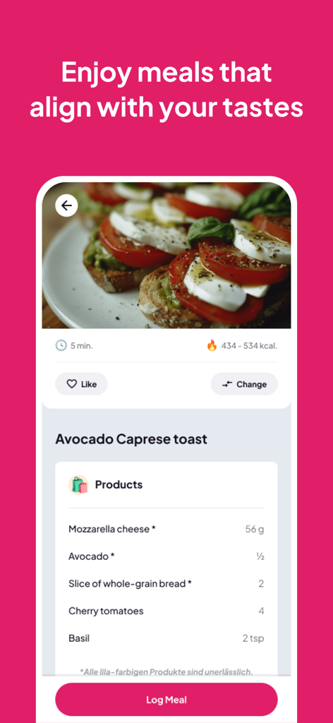 xForFit App-Oberfläche, die einen personalisierten Ernährungsplan mit einem Avocado-Caprese-Toast-Rezept und Nährwertangaben zeigt