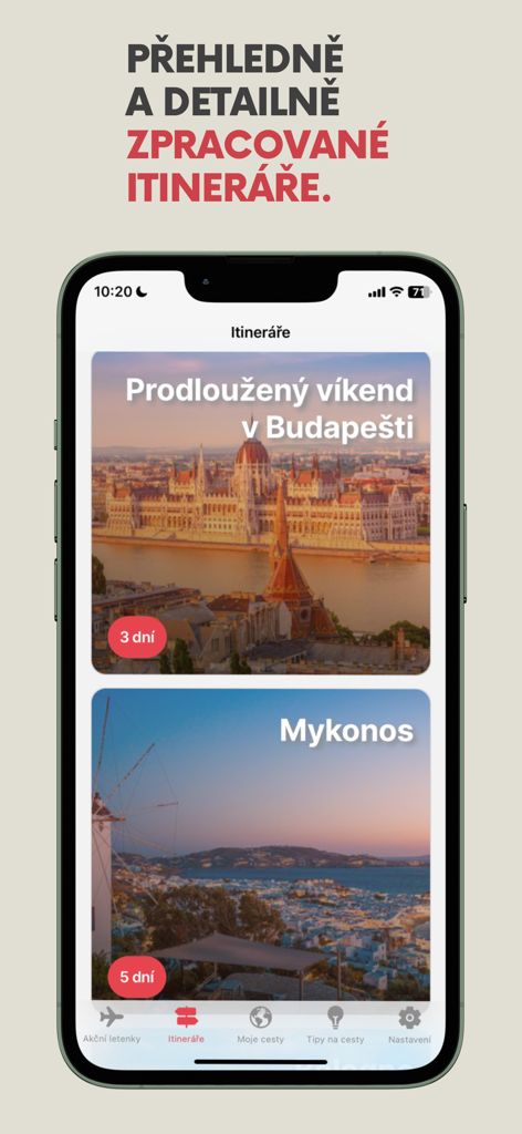 FlyAway: levné letenky, cesty - FlyAway app interface displaying travel itineraries for Budapest and Mykonos.