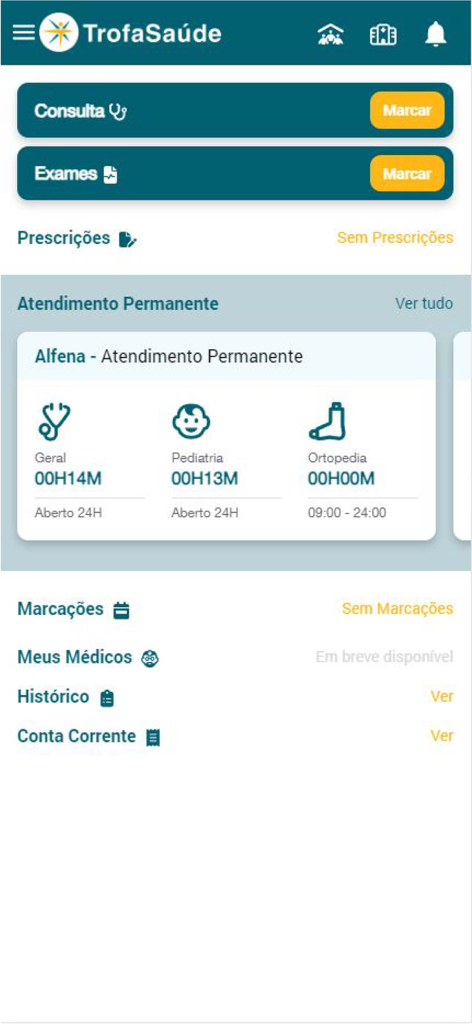Écran d'accueil de l'application Trofa Saúde 24 présentant la prise de rendez-vous et les temps d'attente des urgences