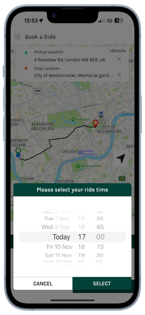 Taxiapp UK: London Black Cab - Taxiapp interface for scheduling a London black cab ride showing map and time selector