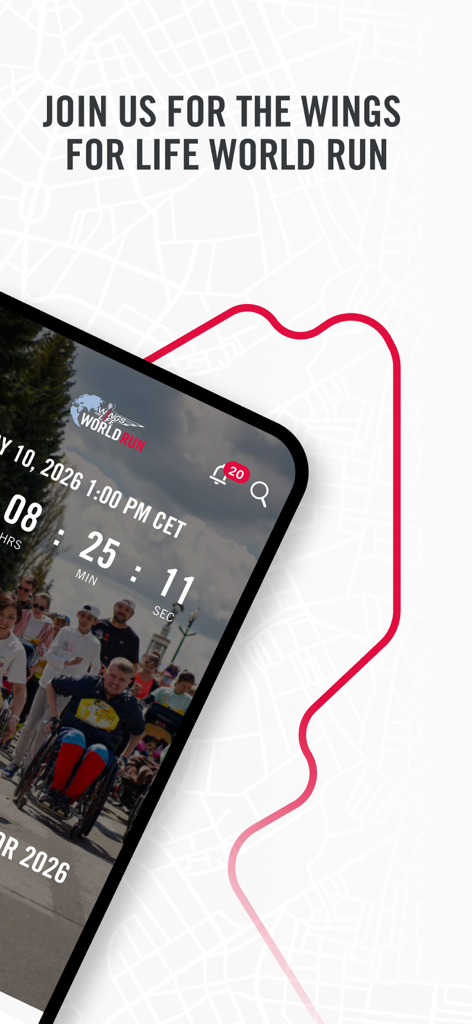 A countdown screen in the Wings for Life World Run app showing diverse participants and a red race route on a map background.
