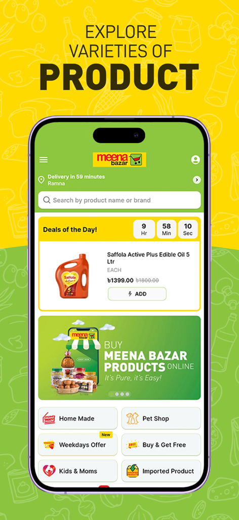 Meena Bazar Online - Screenshot of the Meena Bazar Online mobile grocery app home screen showing product categories and daily deals