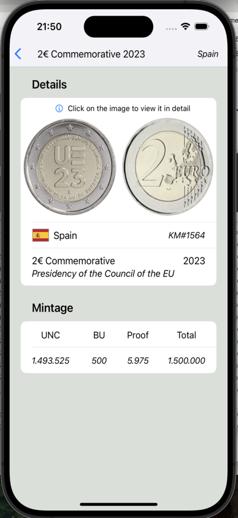 Vista detallada de la moneda conmemorativa española de 2 euros de 2023 que muestra las cifras de acuñación e imágenes de monedas de alta calidad