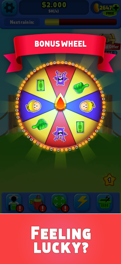 Uma roda de prêmios bônus colorida no jogo mobile Money Tree com várias recompensas e o texto Sentindo Sorte