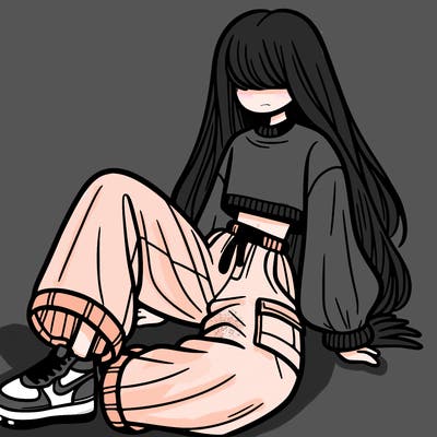 a girl with baggy pants and a crop top with long hair