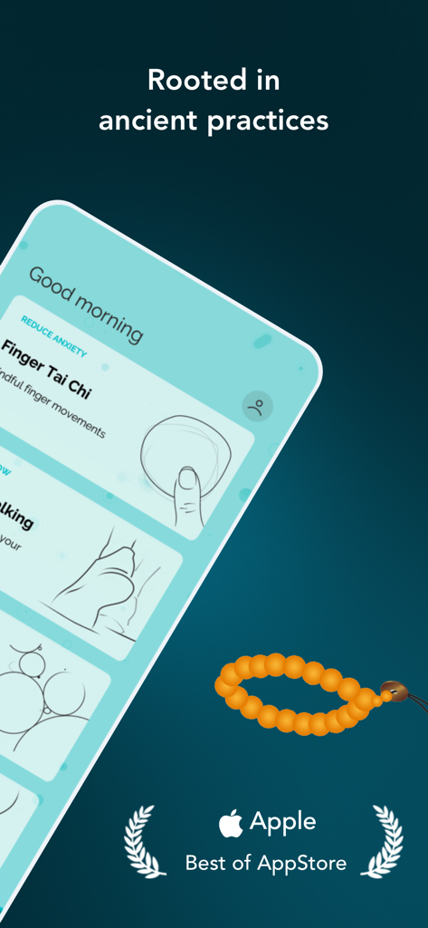 Pause: daily mindfulness - Pause mindfulness app interface showing Finger Tai Chi exercise and Best of App Store award.