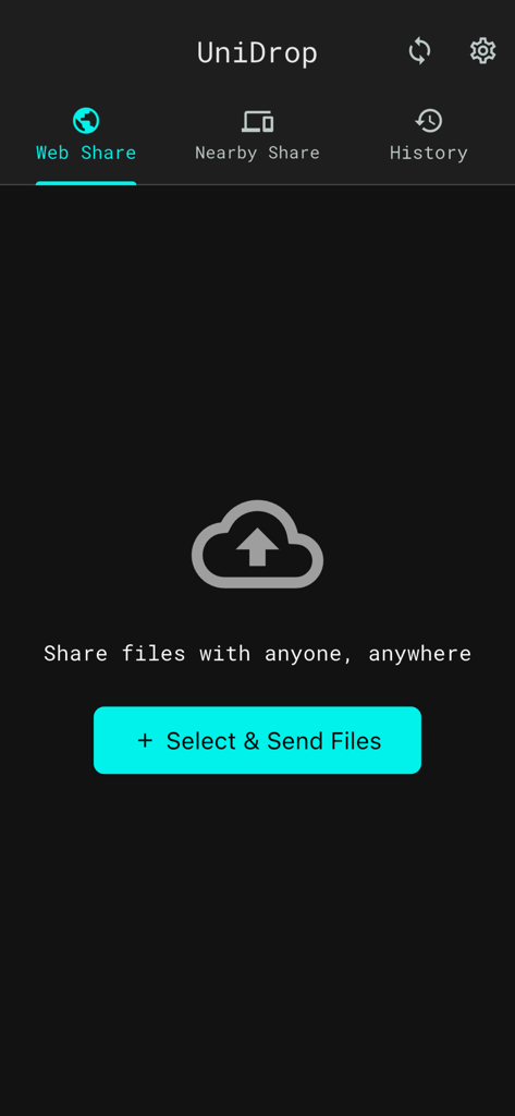 UniDrop - File Sharing - Interfaccia dell'app UniDrop che mostra la scheda Condivisione Web con un'icona di caricamento cloud e un pulsante per selezionare e inviare file