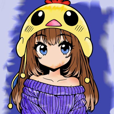 anime girl with chick shaped hat with sweater with bare shoulders with bangs covering them one eye with low tail