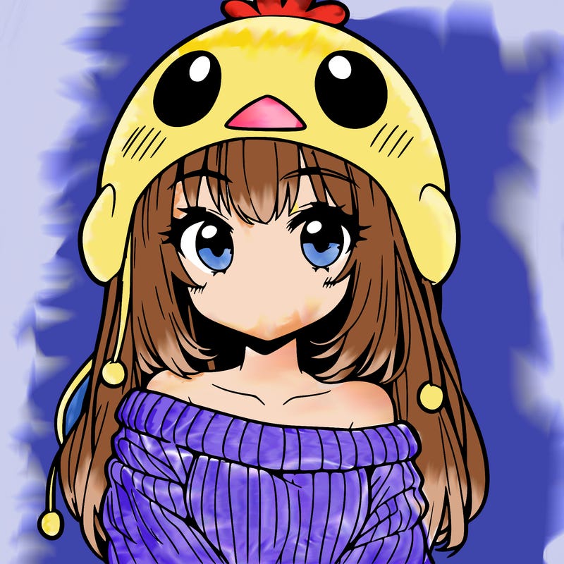 anime girl with chick shaped hat with sweater with bare shoulders with bangs covering them one eye with low tail
