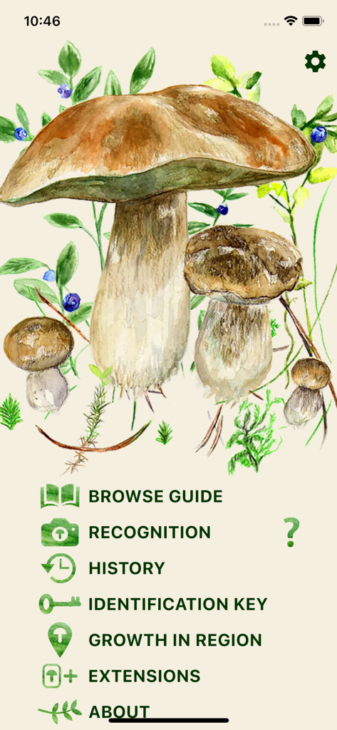 Mushrooms app - Mushrooms appのホーム画面、キノコの水彩イラストと採集ツールのリストが表示されています