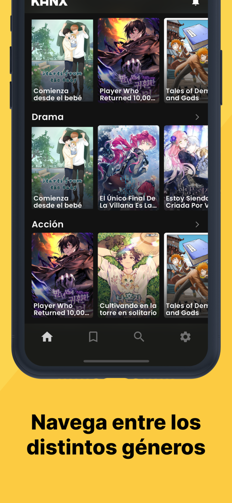 Mobile screen of the KanX app showing manga categories like Drama and Action in Spanish.
