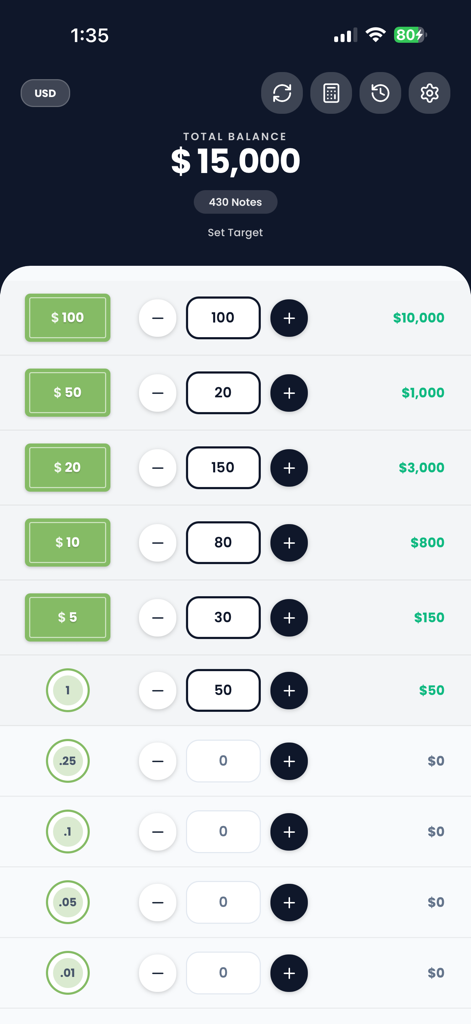 Money Counter - Cash Counter - Oberfläche der Money Counter App mit einem Gesamtbetrag von fünfzehntausend Dollar und einer Aufschlüsselung von Scheinen und Münzen