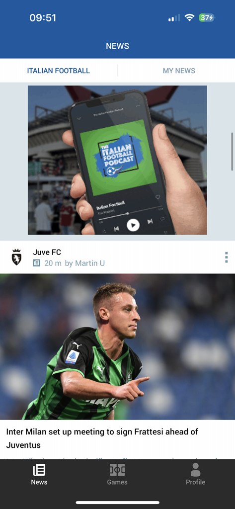 Football Italia - Football Italia app interface showing the latest news and transfer rumors about Italian football