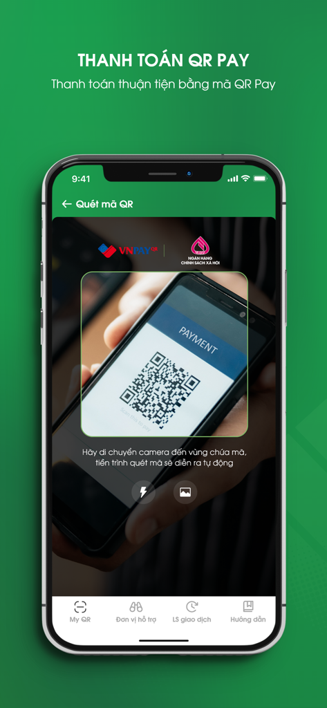 Aplicativo móvel VBSP SmartBanking escaneando um código QR para pagamento
