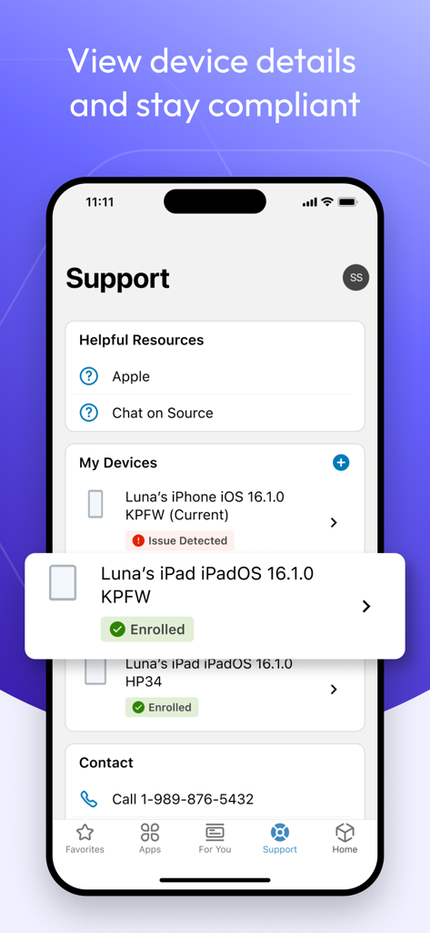 Intelligent Hub - Support screen of Intelligent Hub app showing device management and compliance status