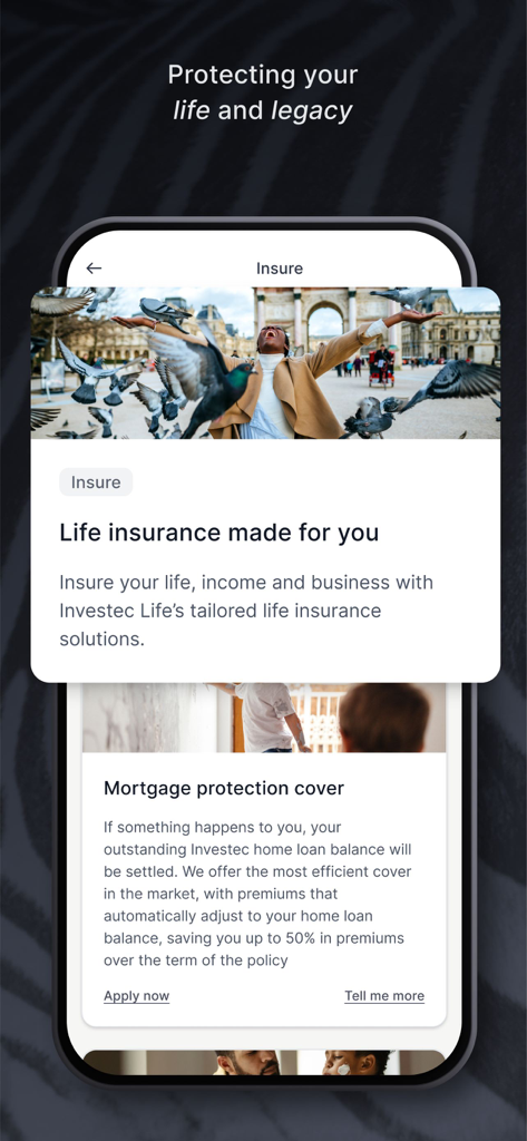 Aplicativo Investec Private Client exibindo serviços de seguro de vida e proteção hipotecária