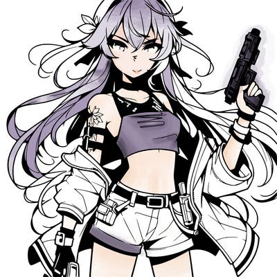 bad girl wearing crop top holding a gun long hair anime