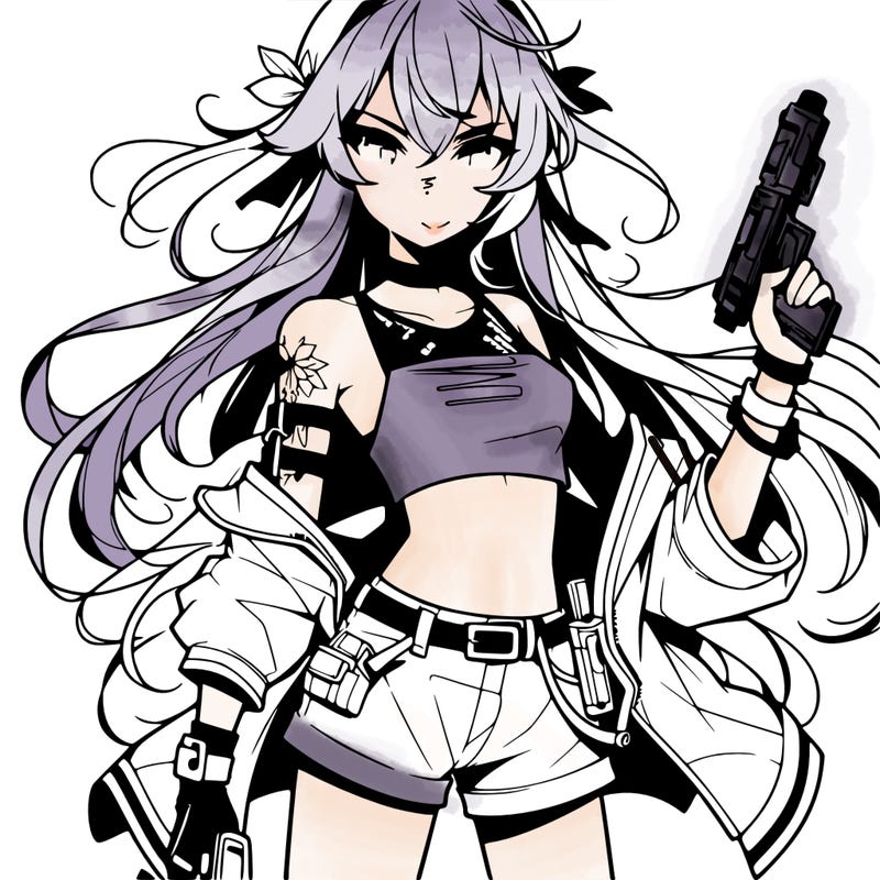 bad girl wearing crop top holding a gun long hair anime