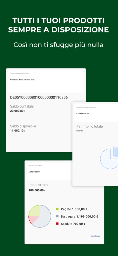 Interfaz de la aplicación móvil RelaxBanking que muestra los saldos de las cuentas bancarias y un gráfico circular del estado de la hipoteca