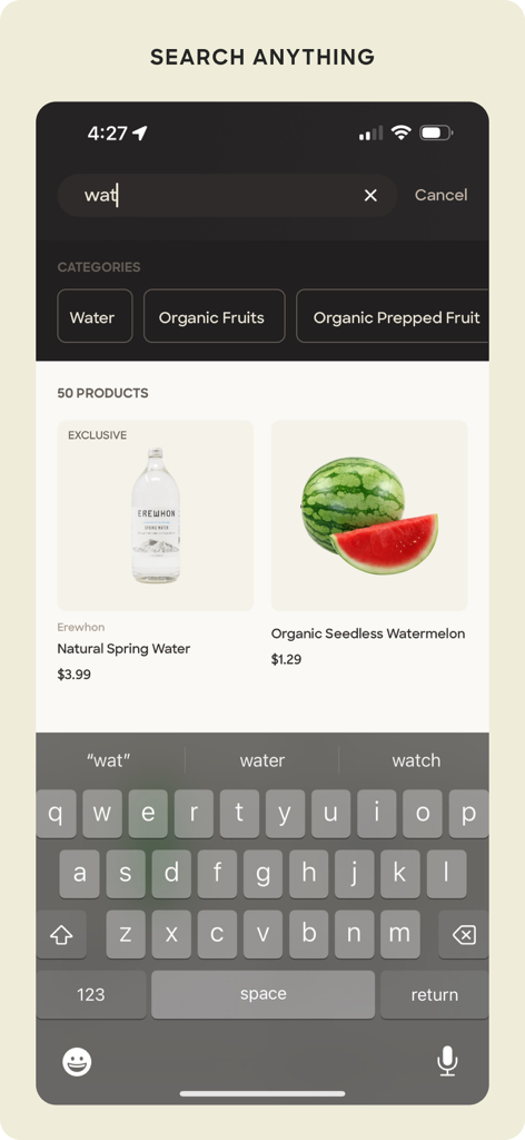 Erewhon - Écran de recherche de l'application mobile Erewhon montrant les résultats pour l'eau et la pastèque sans pépins biologique