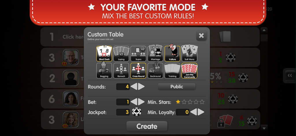 Schafkopf Sheepshead Online - Custom table setup in Schafkopf Sheepshead Online showing rule options like Short Deck and Marriage