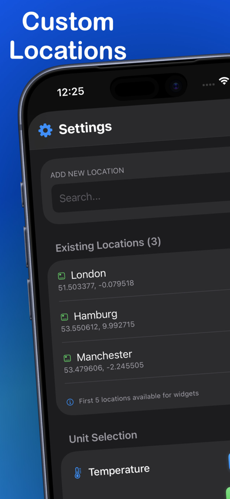 Dual Degrees – C° & F° Weather - Settings screen of the Dual Degrees weather app showing a list of custom locations including London and Hamburg