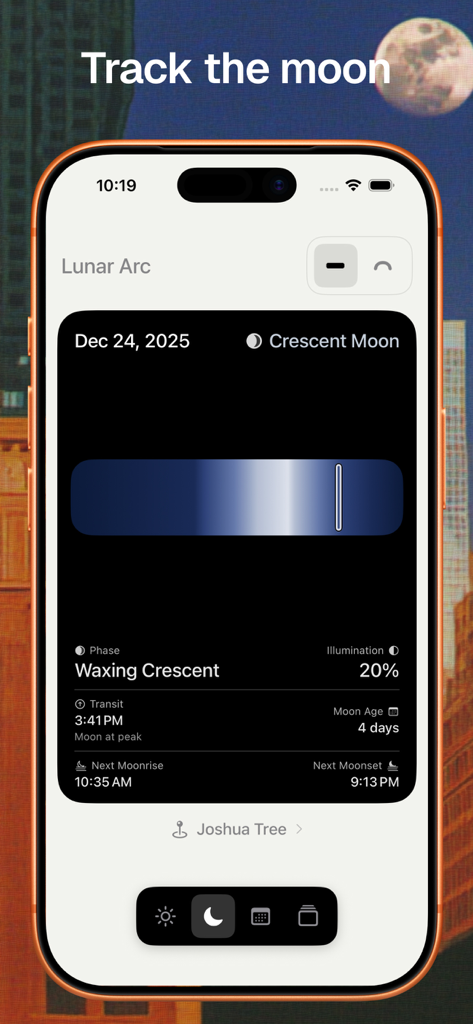 Solar Arc: Sun and Moon Widget - Captura de pantalla de la aplicación Solar Arc que muestra información de la fase lunar y datos de seguimiento lunar para Joshua Tree