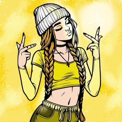 realistic teenage girl with braids and a beanie and crop top doing 🫶🏼