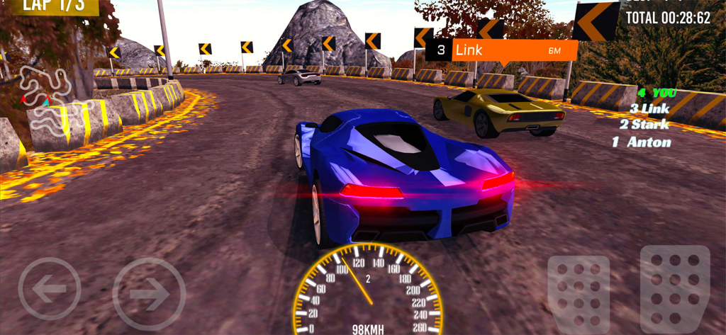 Mountain Race - Real Racing - A blue sports car racing on a winding mountain road with a speedometer and leaderboard displayed on screen