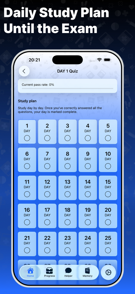 A mobile interface for the NCLEX Review app showing a structured daily study plan calendar for nursing students