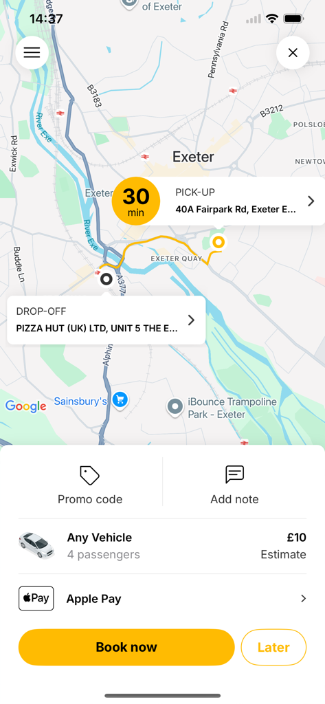Apple Taxis Exeter - Apple Taxis Exeter app ride booking screen with map price estimate and book now button