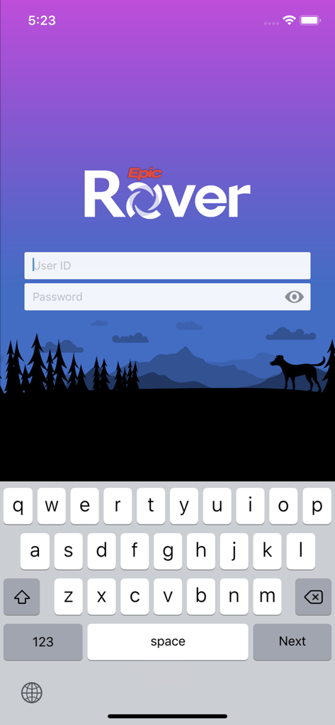 Epic Rover - Login screen of the Epic Rover mobile app