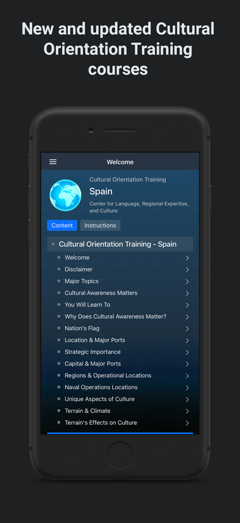 Foreign Culture Guide - Screenshot of the Spain Cultural Orientation Training menu