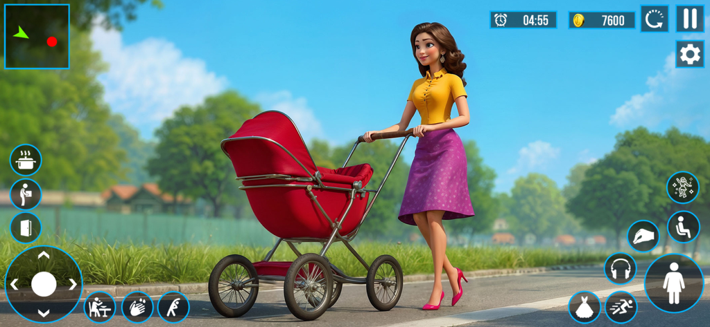 Mother Life Simulator Mom Game - Una madre virtual en 3D empujando un cochecito de bebé rojo en un parque al aire libre con iconos de interfaz del juego