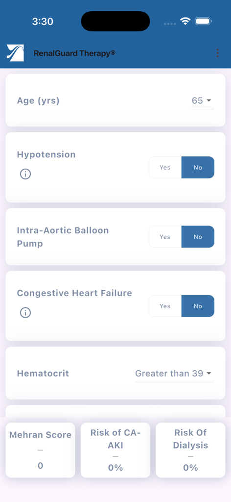RenalGuard® AKI Calculator - RenalGuard AKI Calculator interface showing clinical risk factor inputs and calculated results for Mehran Score and CA-AKI risk.
