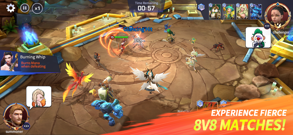 Summoners War: Lost Centuria - Una escena de batalla 8v8 en tiempo real en Summoners War Lost Centuria con monstruos icónicos y jugabilidad estratégica.