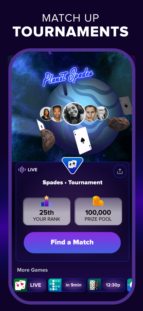 A screenshot of the pop.in app showing a live Spades tournament with player rankings and prize pool information