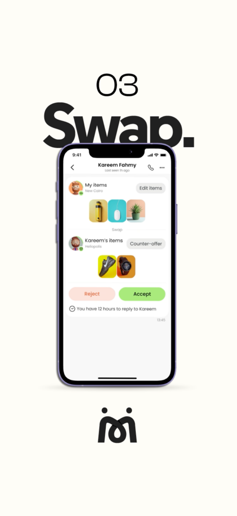 Swap - Social Marketplace - A mobile interface from the Swap app showing a trade offer between two users with items like sneakers and a watch.