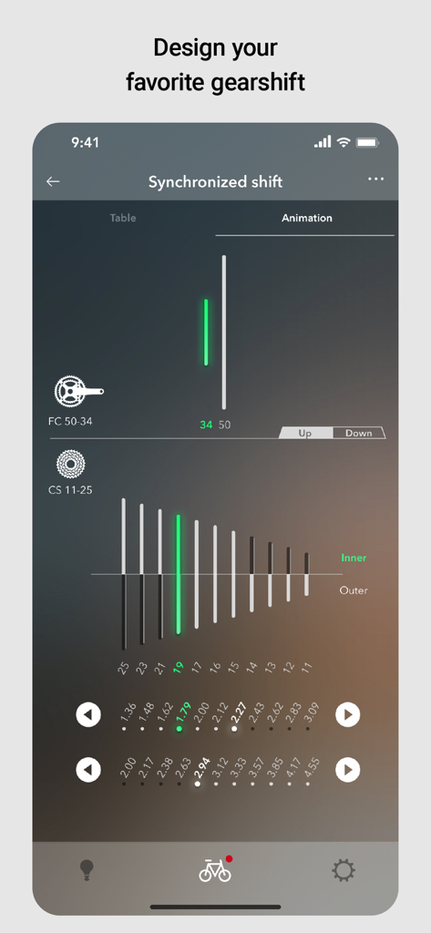 Interfaz para personalizar el cambio sincronizado en la aplicación E-TUBE PROJECT Cyclist mostrando animaciones de la relación de marchas