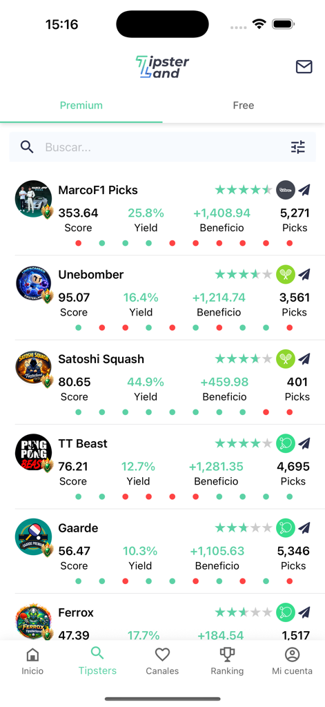 Tipsterland - Apuestas - Mobile App-Oberfläche, die eine Liste von Premium-Sportwetten-Tipstern mit ihren Leistungsstatistiken, einschließlich Rendite und Gewinn, anzeigt.
