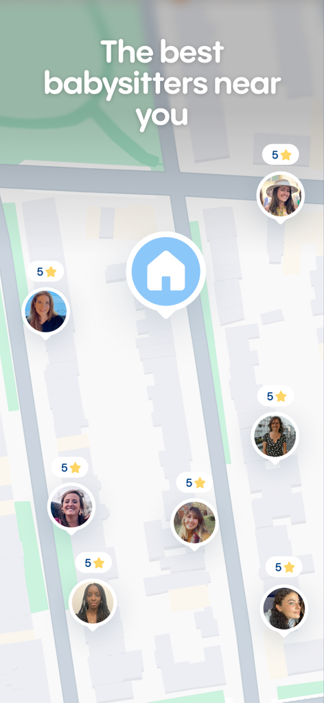 Interfaz de mapa de la aplicación Baby Sittor que muestra perfiles y calificaciones de 5 estrellas de niñeras cerca de la ubicación del usuario.