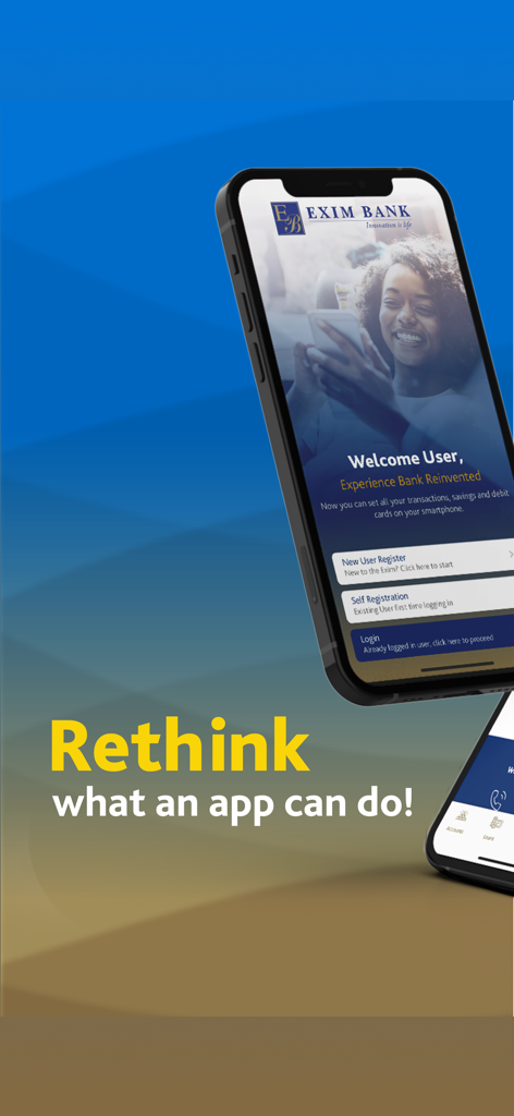 Exim Online Banking - Personal - Welcome screen of the Exim Online Banking mobile app on a smartphone.