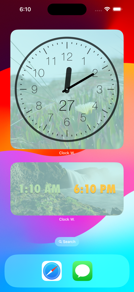 Clock Widget - Analoge und digitale Uhren-Widgets, die auf einem iPhone-Startbildschirm mit benutzerdefinierten Hintergründen angezeigt werden.