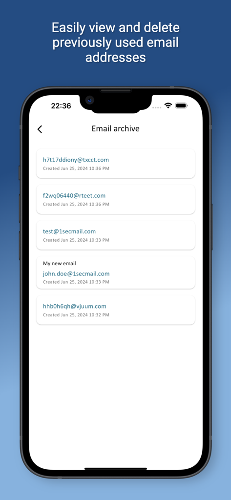 A list of previously created temporary email addresses in the app's archive section.