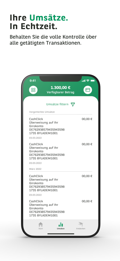 Consors Finanz Mobile Banking - Consors Finanz App-Bildschirm mit Echtzeit-Transaktionshistorie und verfügbarem Kreditguthaben