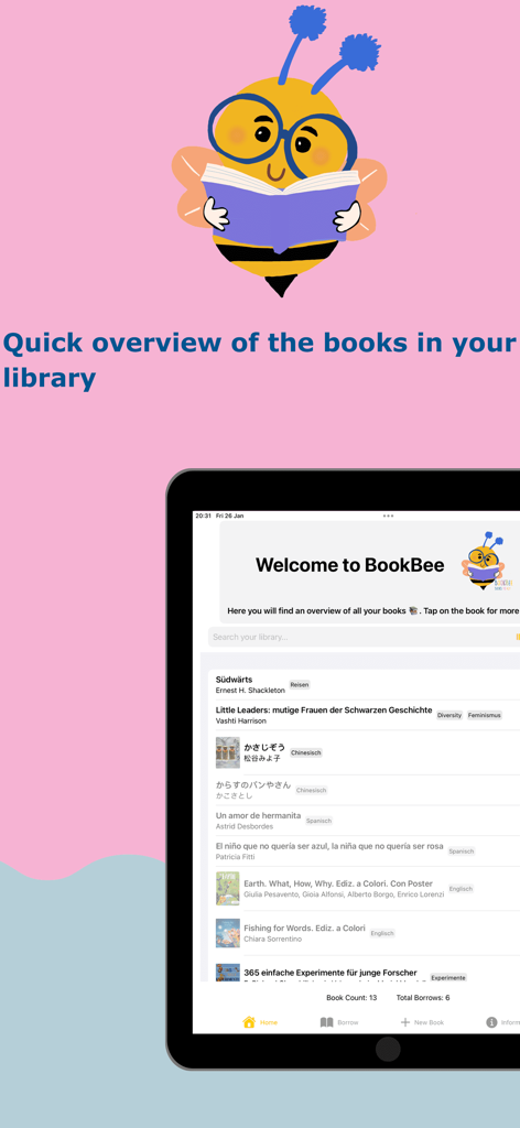 BookBee – Kindergarten Library - iPad screen showing the BookBee library management app with a list of books