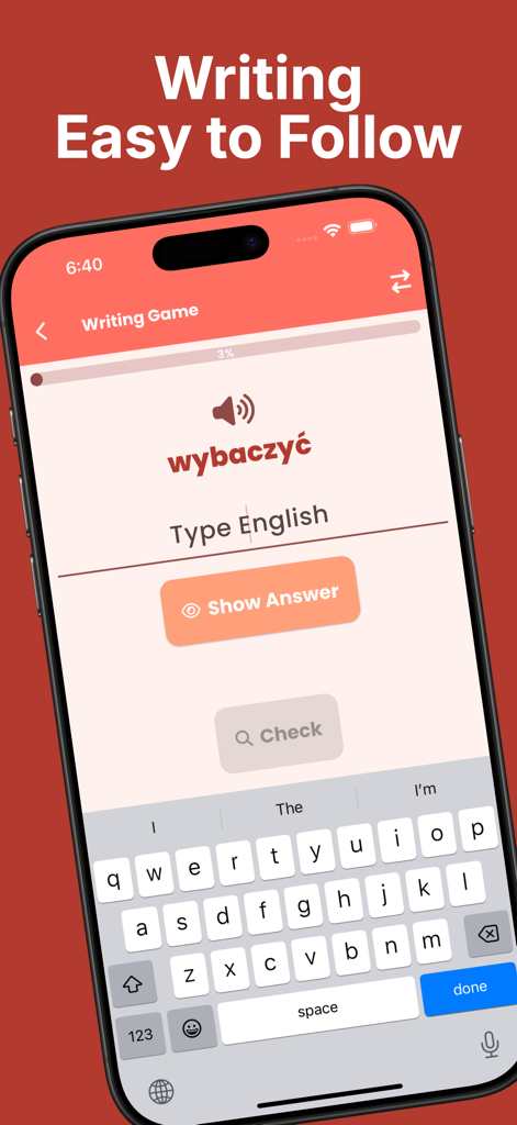 Learn Polish For Beginners - A screenshot of the Learn Polish For Beginners app showing a writing game interface where users translate Polish words into English.