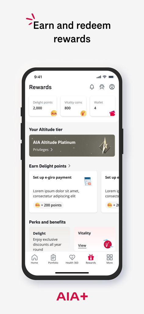 Pantalla de recompensas de la aplicación AIA plus Singapur que muestra puntos Delight, monedas Vitality y estado de nivel de altitud.